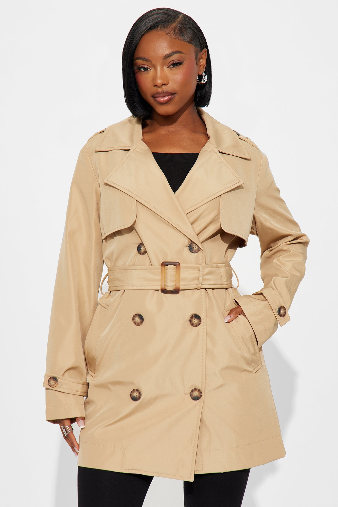 Avery Belted Nylon Trench Coat - Tan