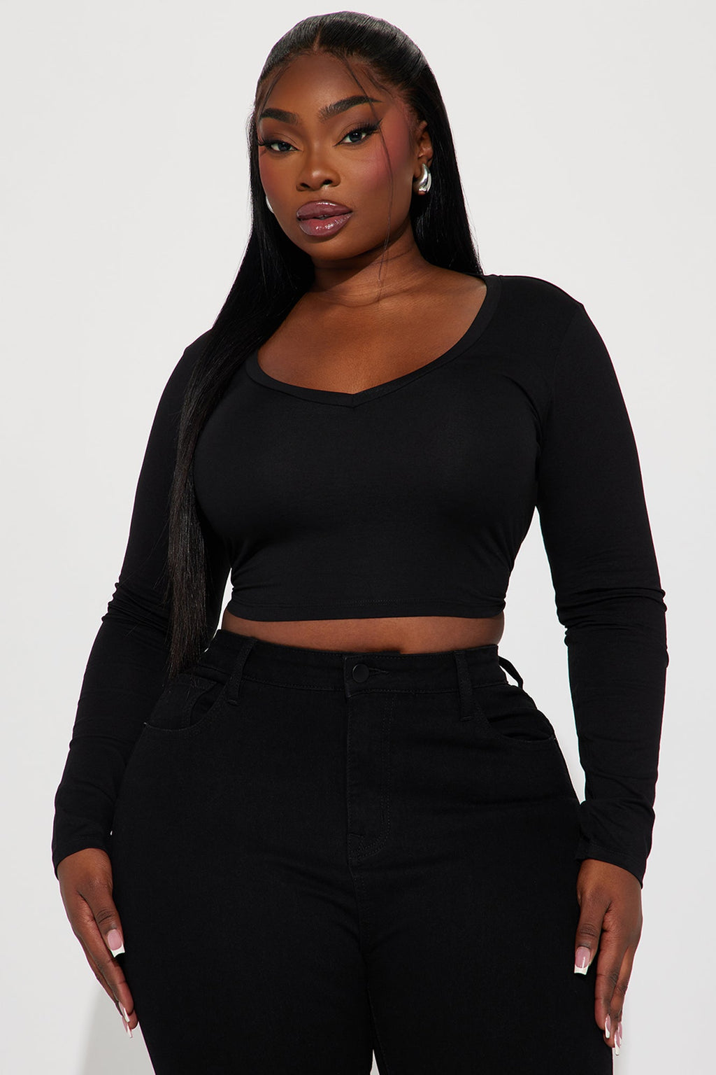 Carly V Neck Crop Long Sleeve Tee - Black