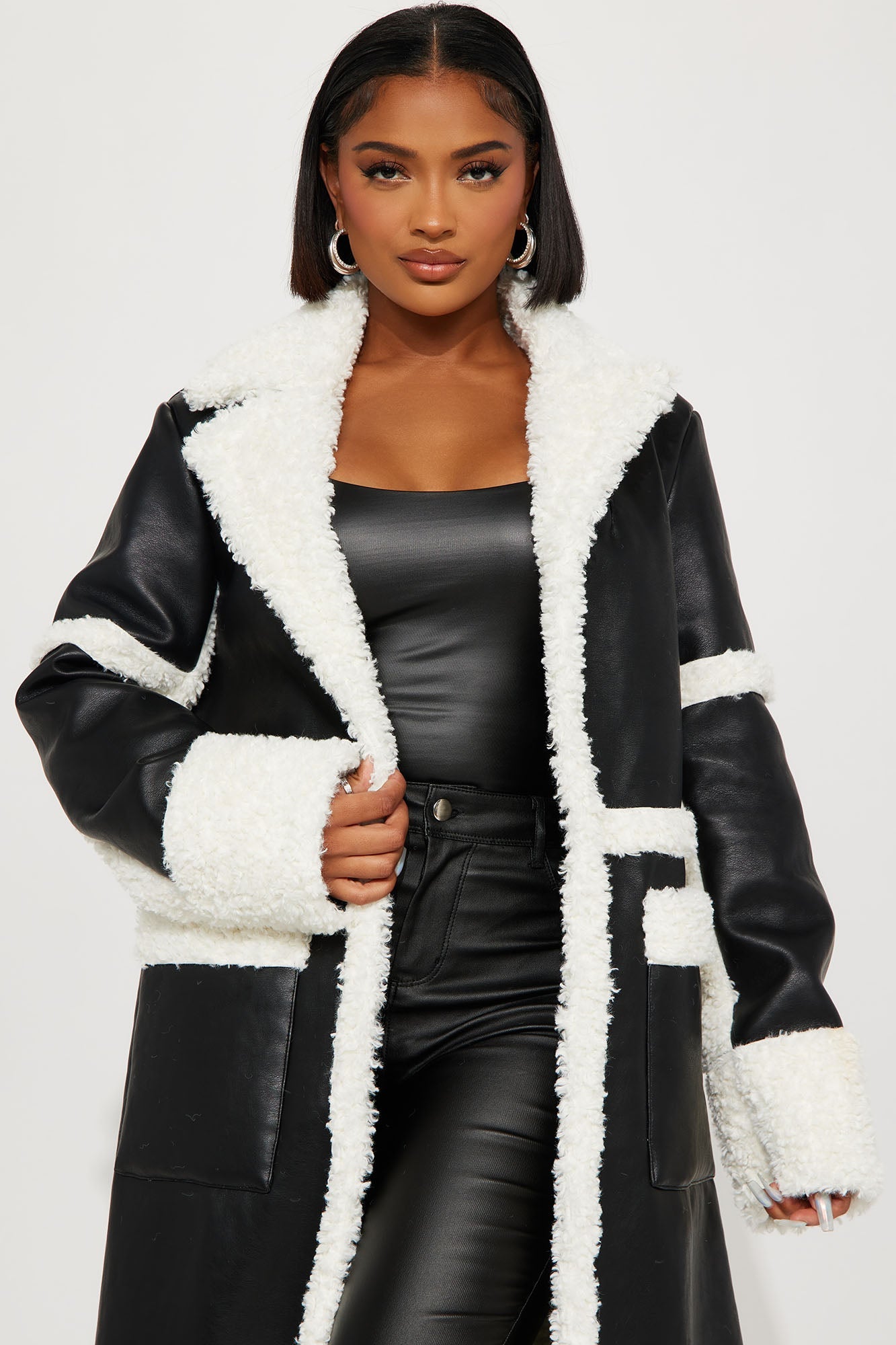 Calling Again Faux Leather Trench Coat - Black