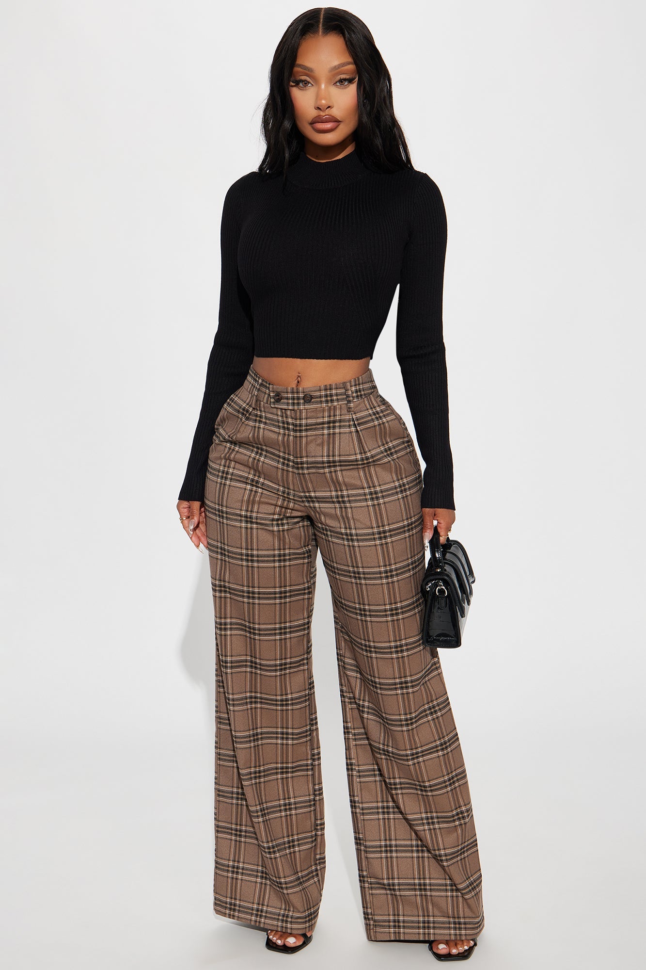 Alaiya Wide Leg Plaid Trouser - Brown/combo