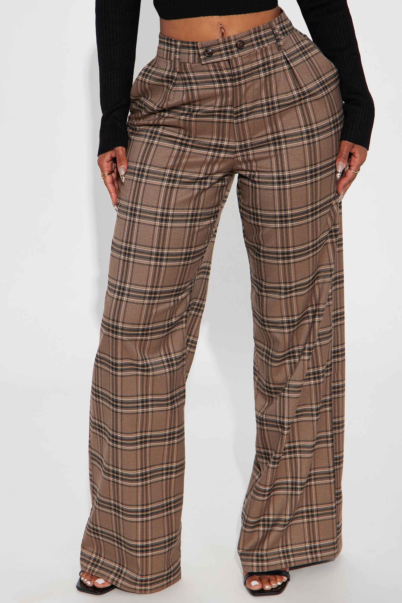 Alaiya Wide Leg Plaid Trouser - Brown/combo