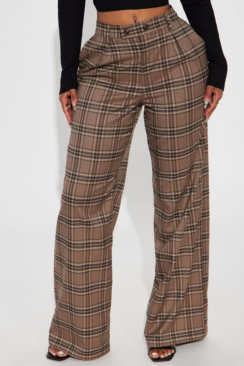 Alaiya Wide Leg Plaid Trouser - Brown/combo