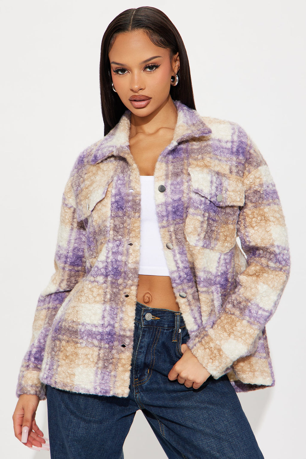 Campfire Nights Sherpa Plaid Shacket - Lavender/combo