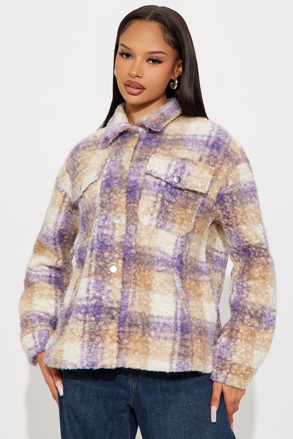 Campfire Nights Sherpa Plaid Shacket - Lavender/combo