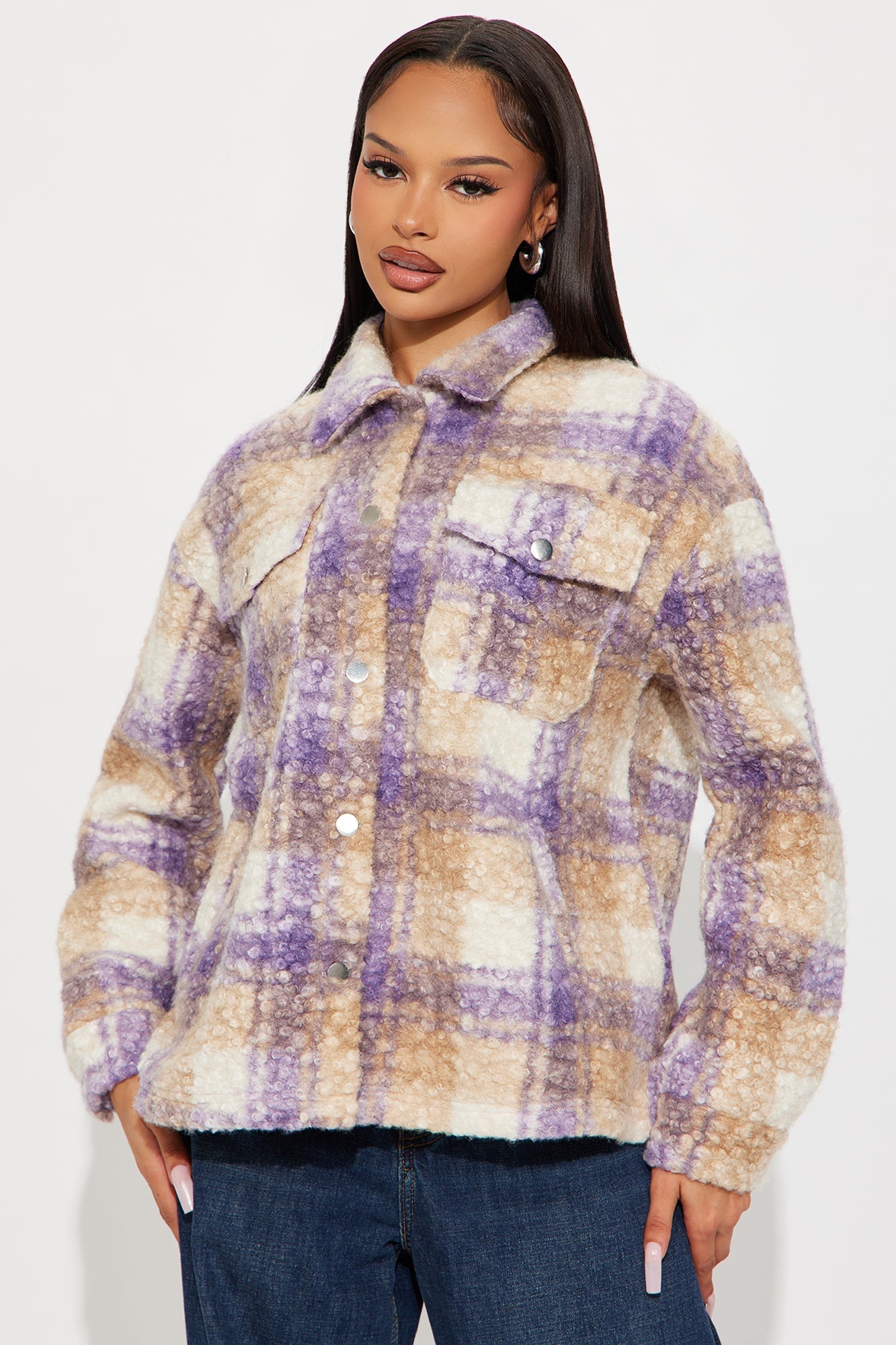 Campfire Nights Sherpa Plaid Shacket - Lavender/combo