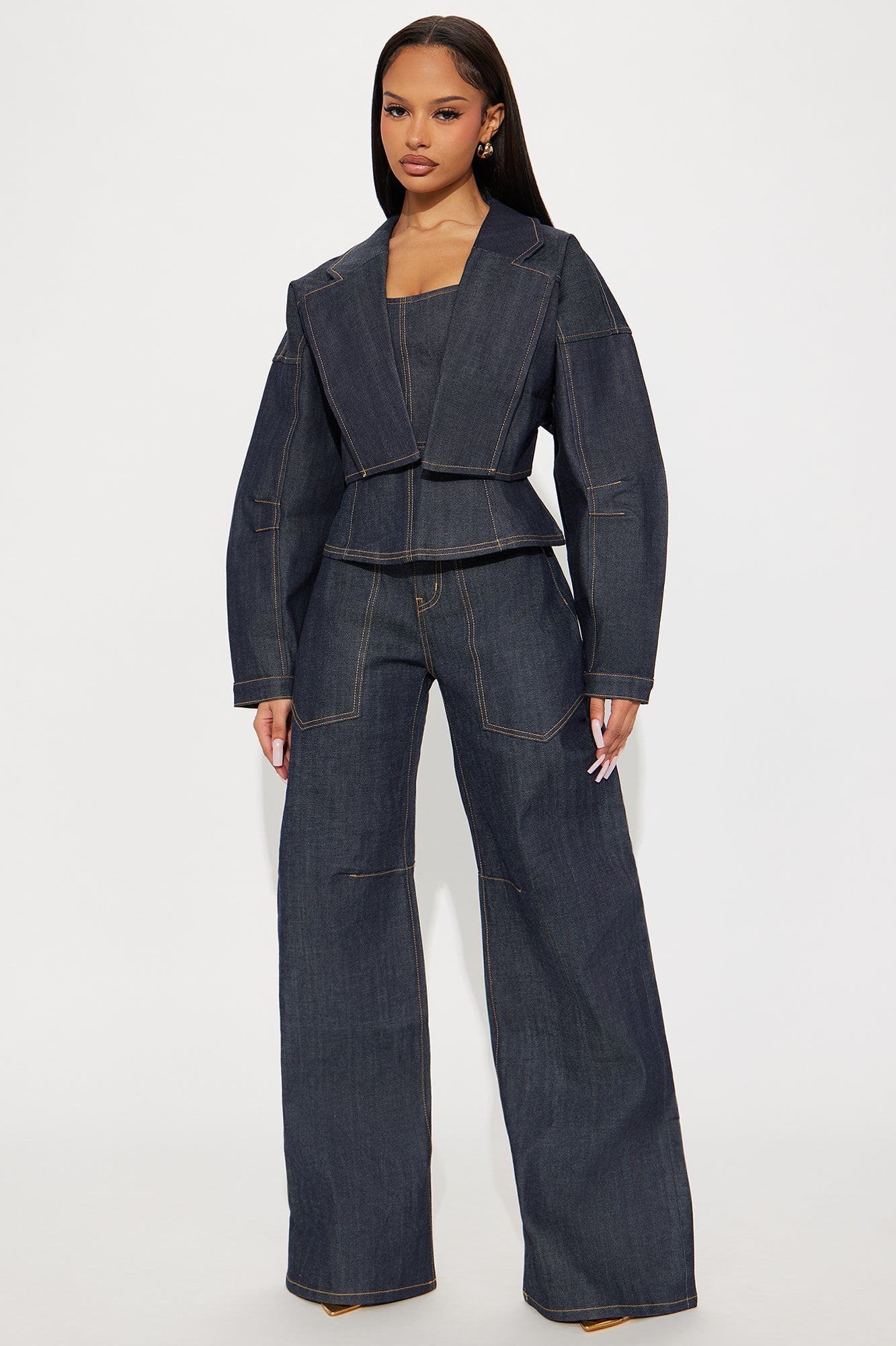 Premium Selvedge Cropped Denim Blazer - Dark Denim