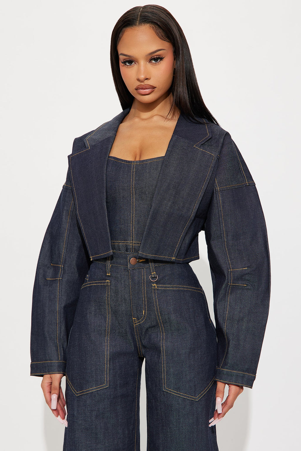 Premium Selvedge Cropped Denim Blazer - Dark Denim