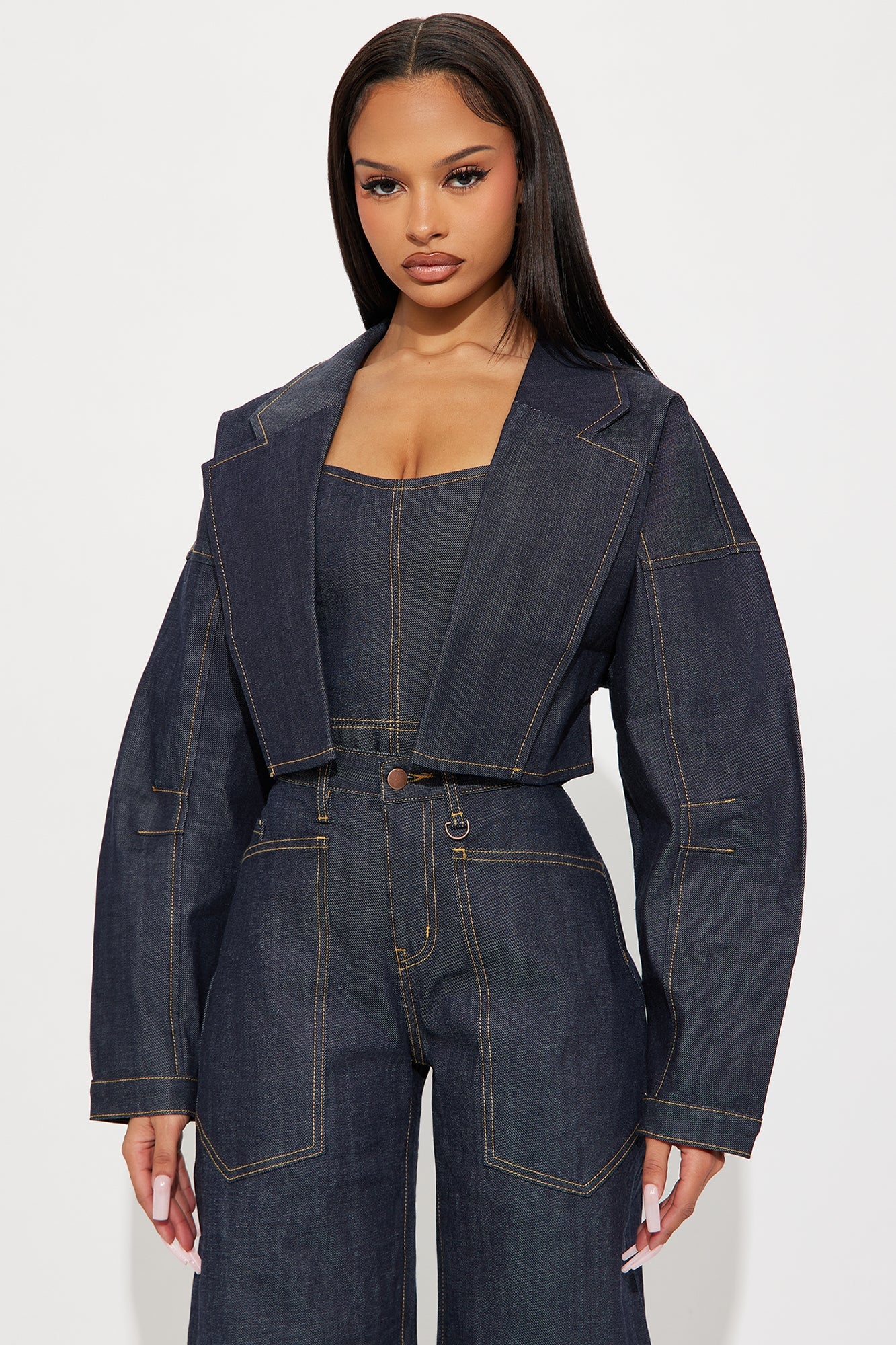 Premium Selvedge Cropped Denim Blazer - Dark Denim