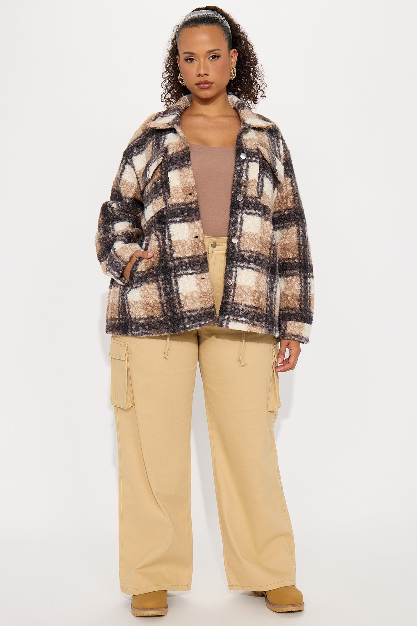 Campfire Nights Sherpa Plaid Shacket - Mocha/combo