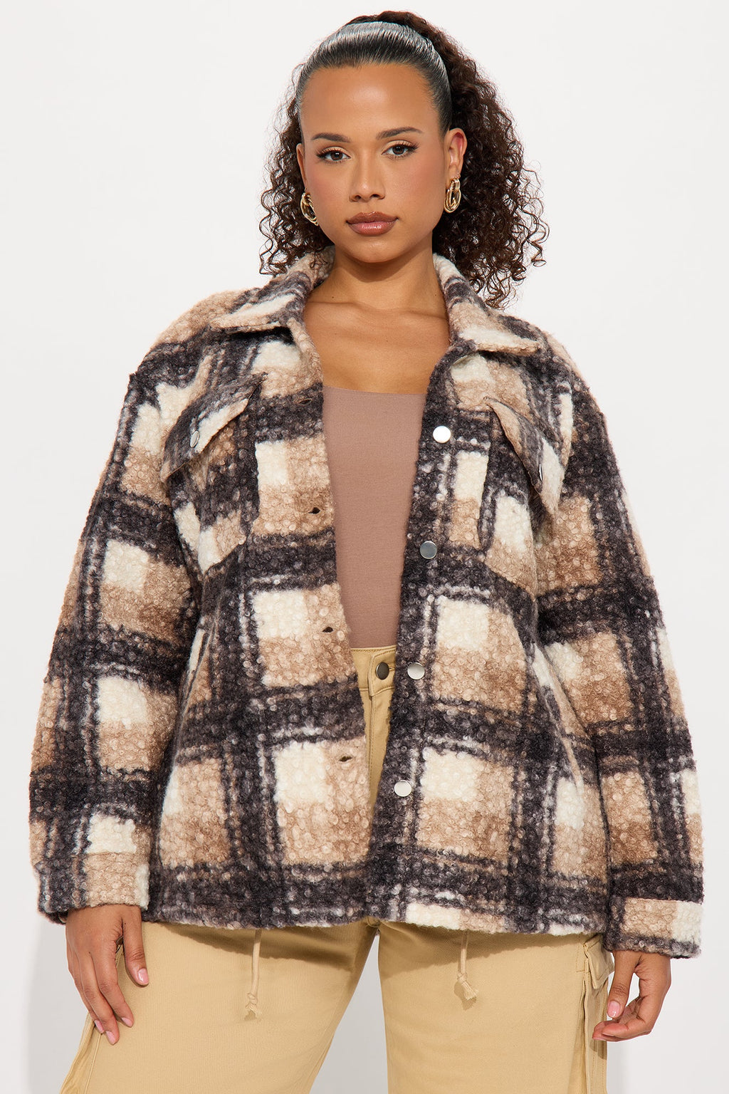 Campfire Nights Sherpa Plaid Shacket - Mocha/combo
