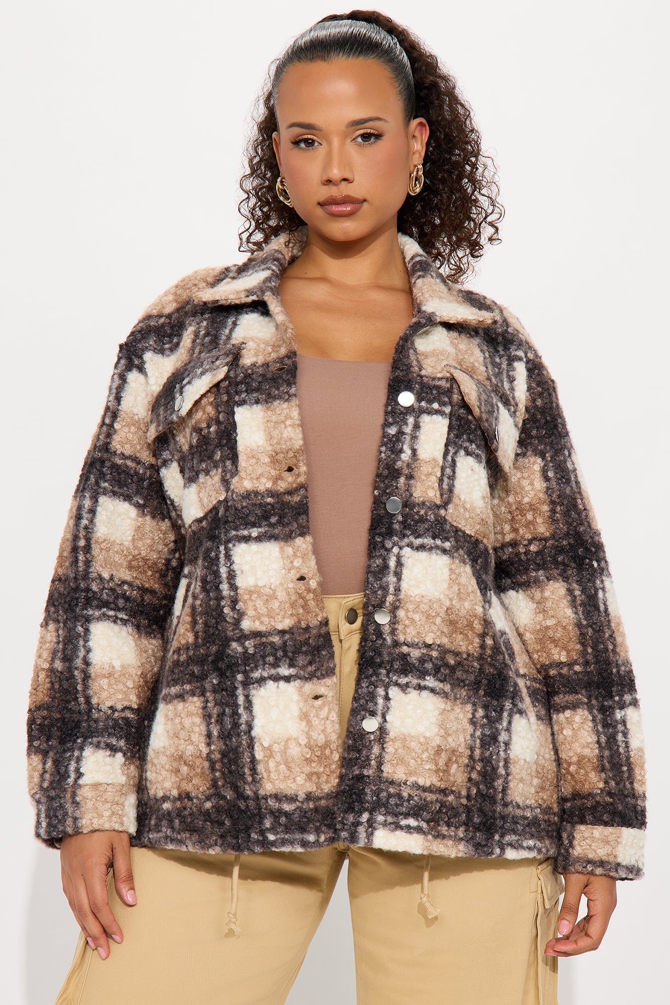 Campfire Nights Sherpa Plaid Shacket - Mocha/combo