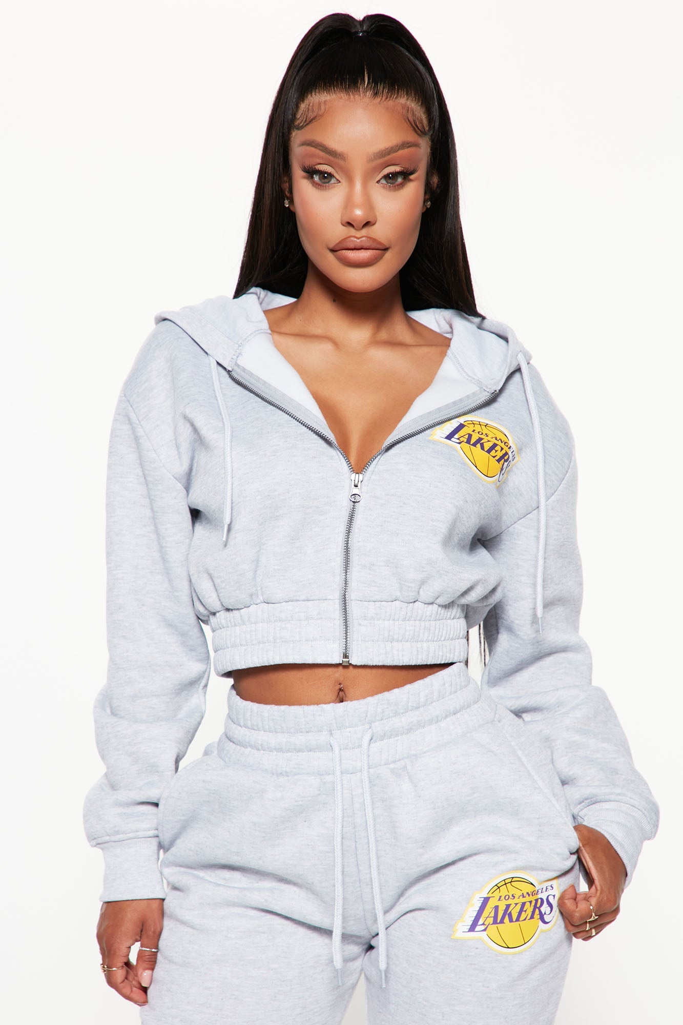 Lakers Cropped Zip Hoodie - Heather Grey