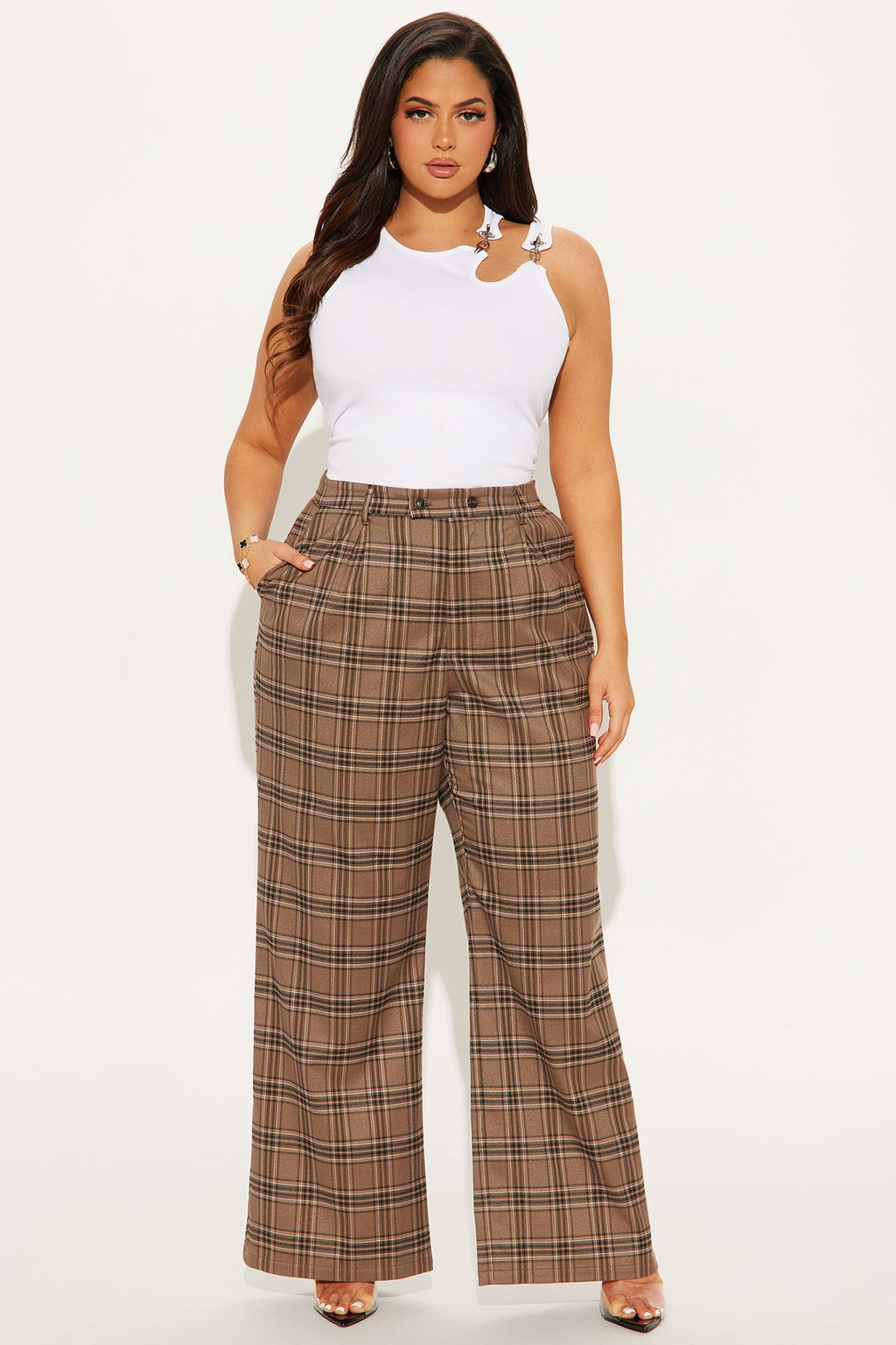 Alaiya Wide Leg Plaid Trouser - Brown/combo