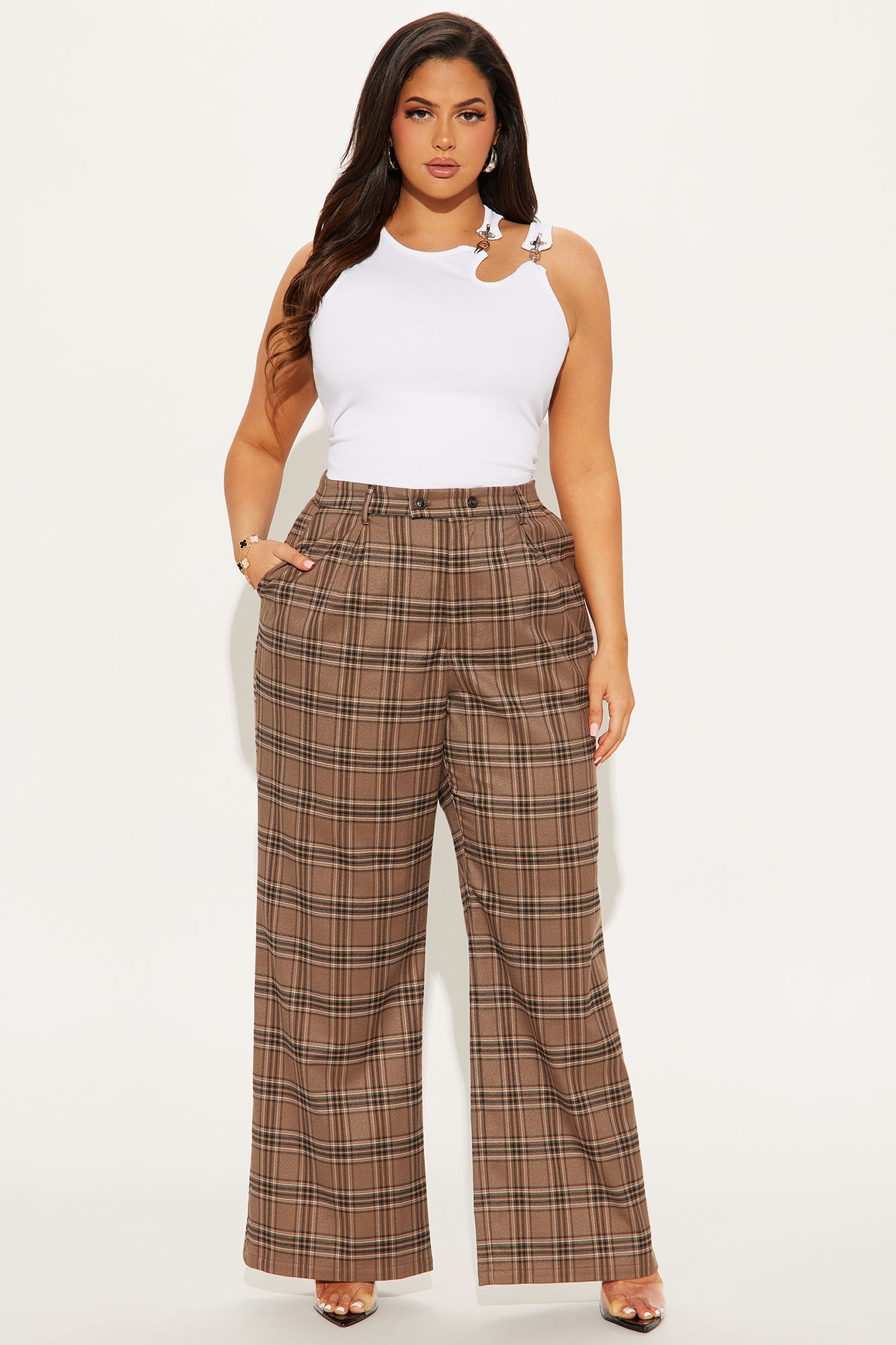 Alaiya Wide Leg Plaid Trouser - Brown/combo