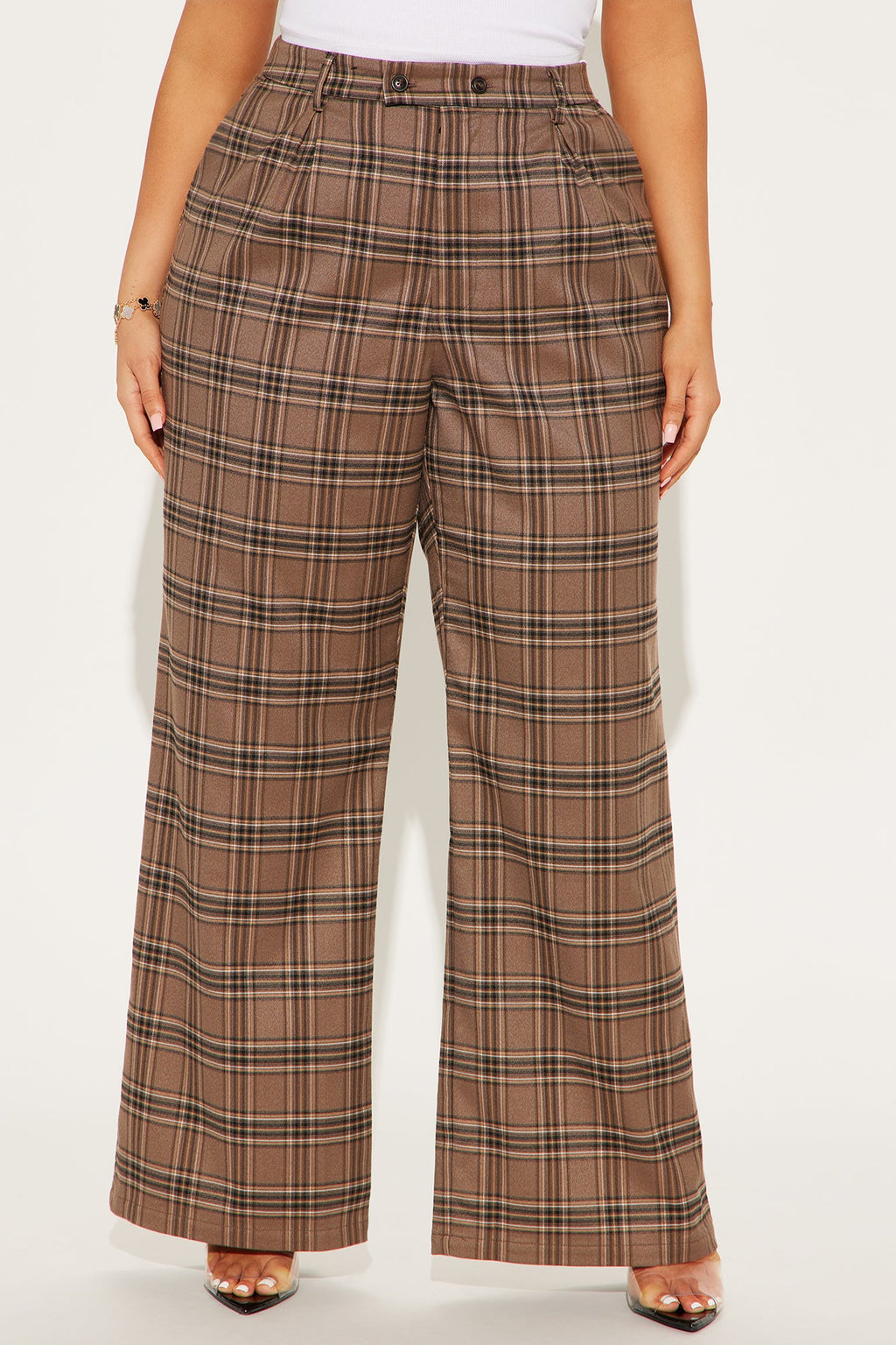 Alaiya Wide Leg Plaid Trouser - Brown/combo