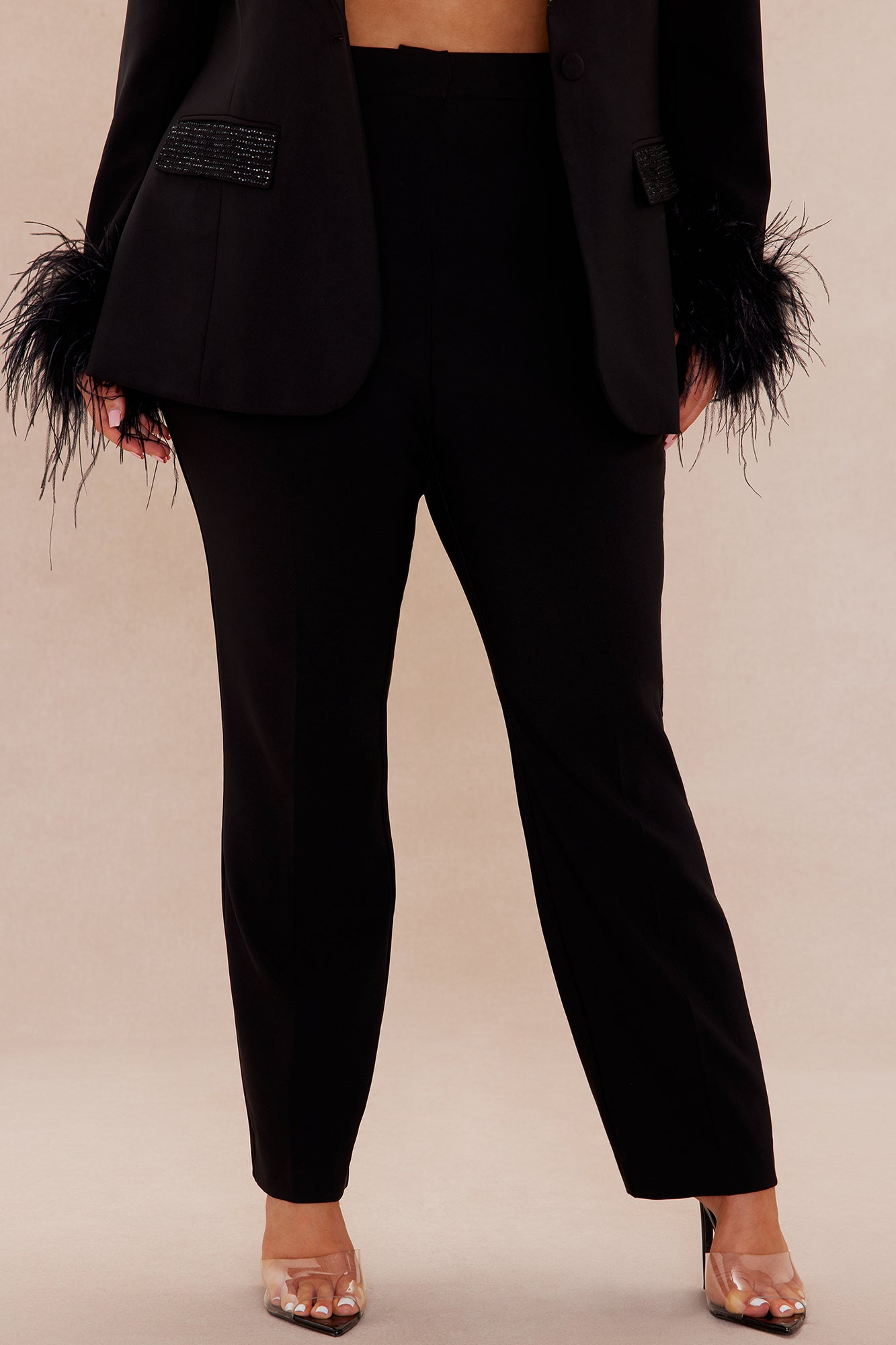 Clarissa Embellished Feather Blazer Suit Set - Black