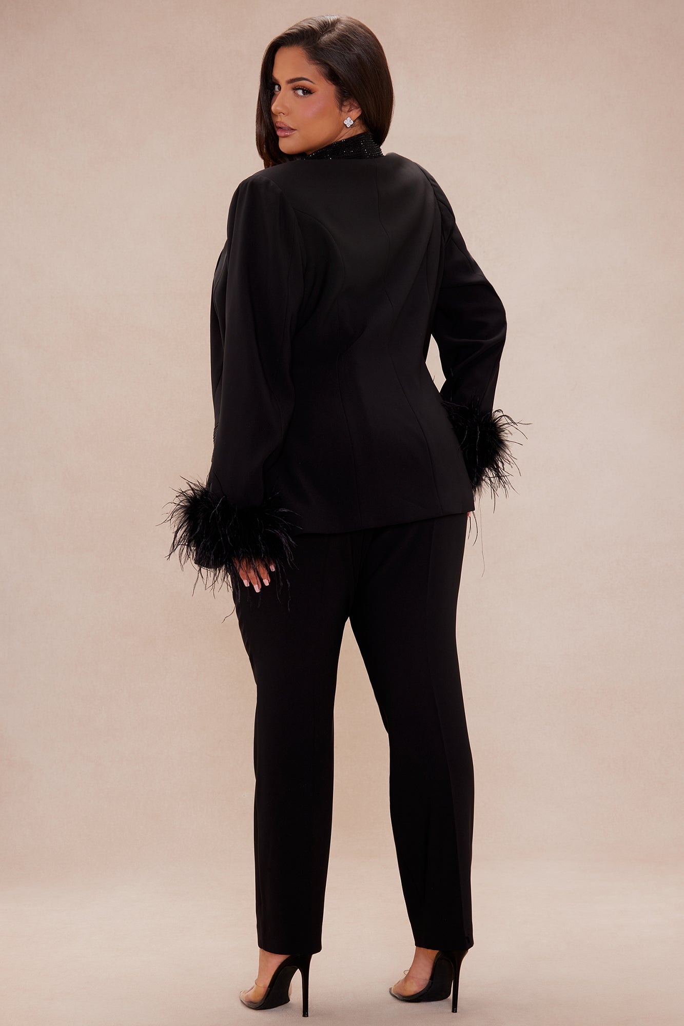 Clarissa Embellished Feather Blazer Suit Set - Black
