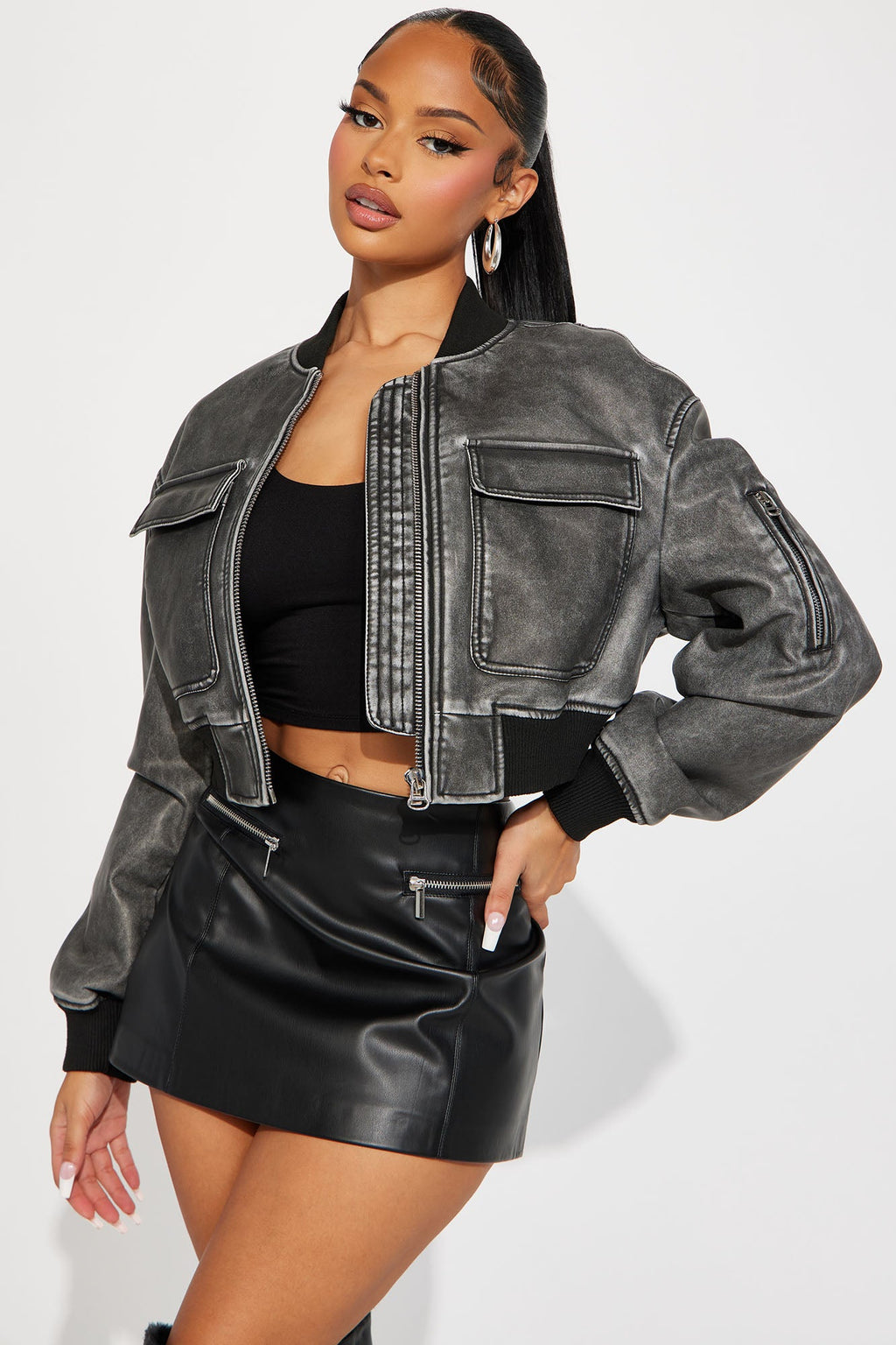 Still Fly Washed Faux Leather Bomber Jacket - Charcoal