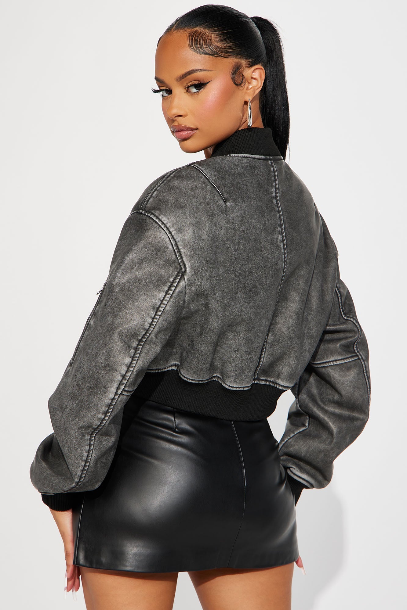 Still Fly Washed Faux Leather Bomber Jacket - Charcoal