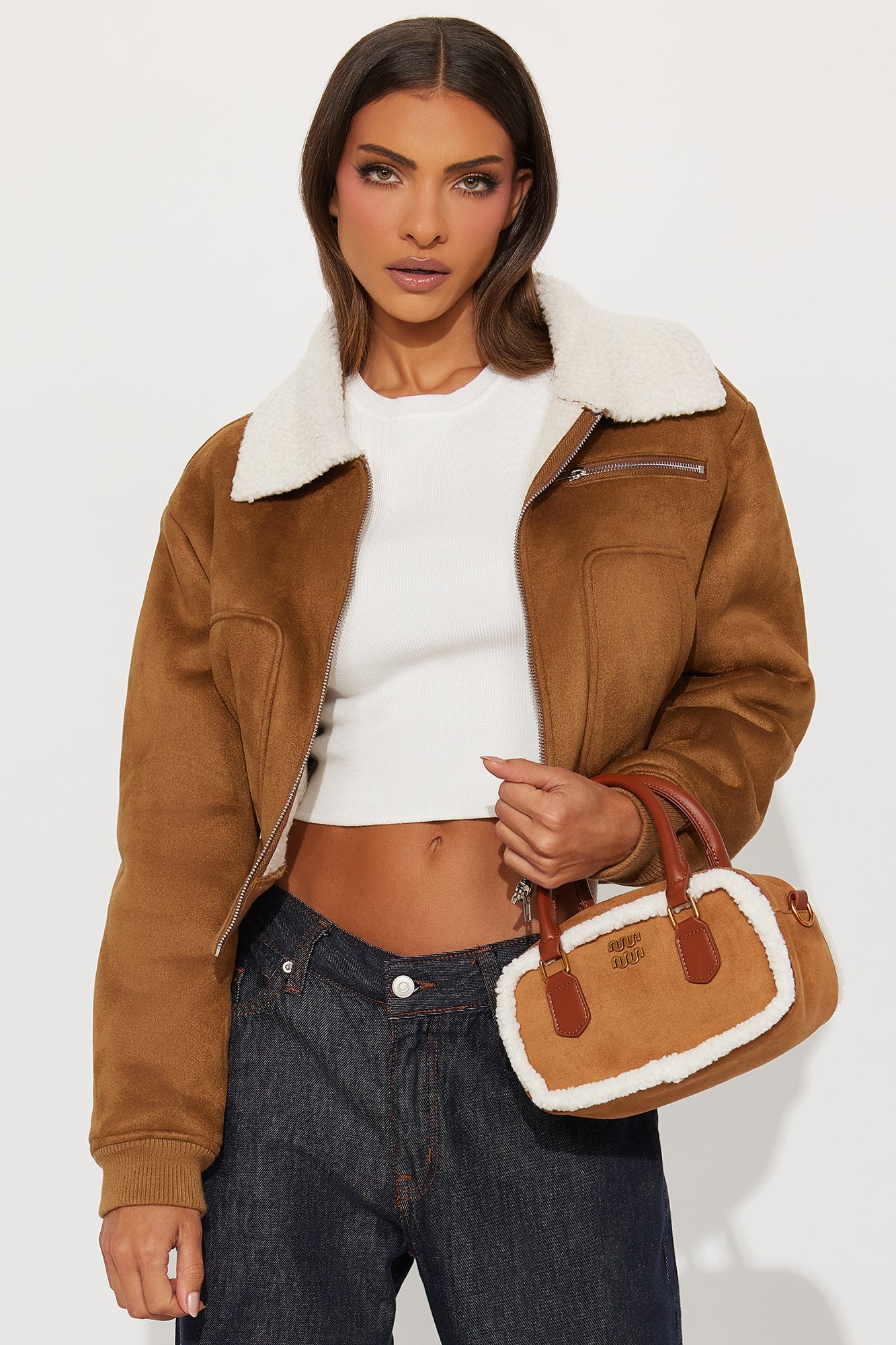 Cool With Me Fur Trim Faux Suede Satchel Handbag - Cognac