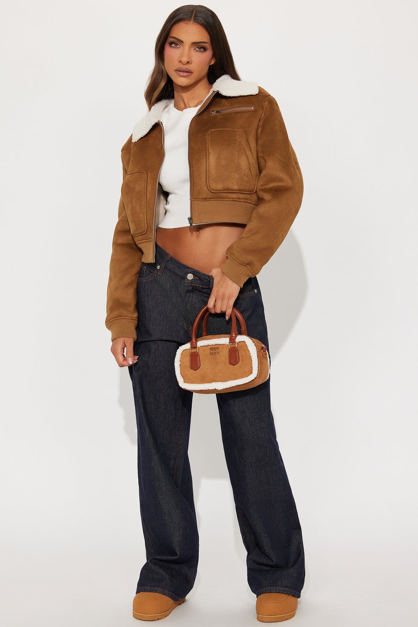 Cool With Me Fur Trim Faux Suede Satchel Handbag - Cognac