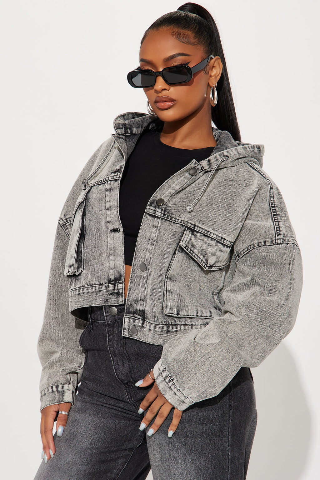 No Explanation Hooded Denim Jacket - Acid Wash Grey