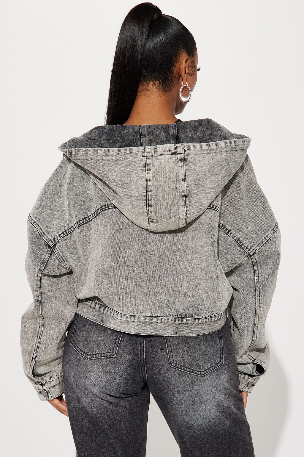 No Explanation Hooded Denim Jacket - Acid Wash Grey