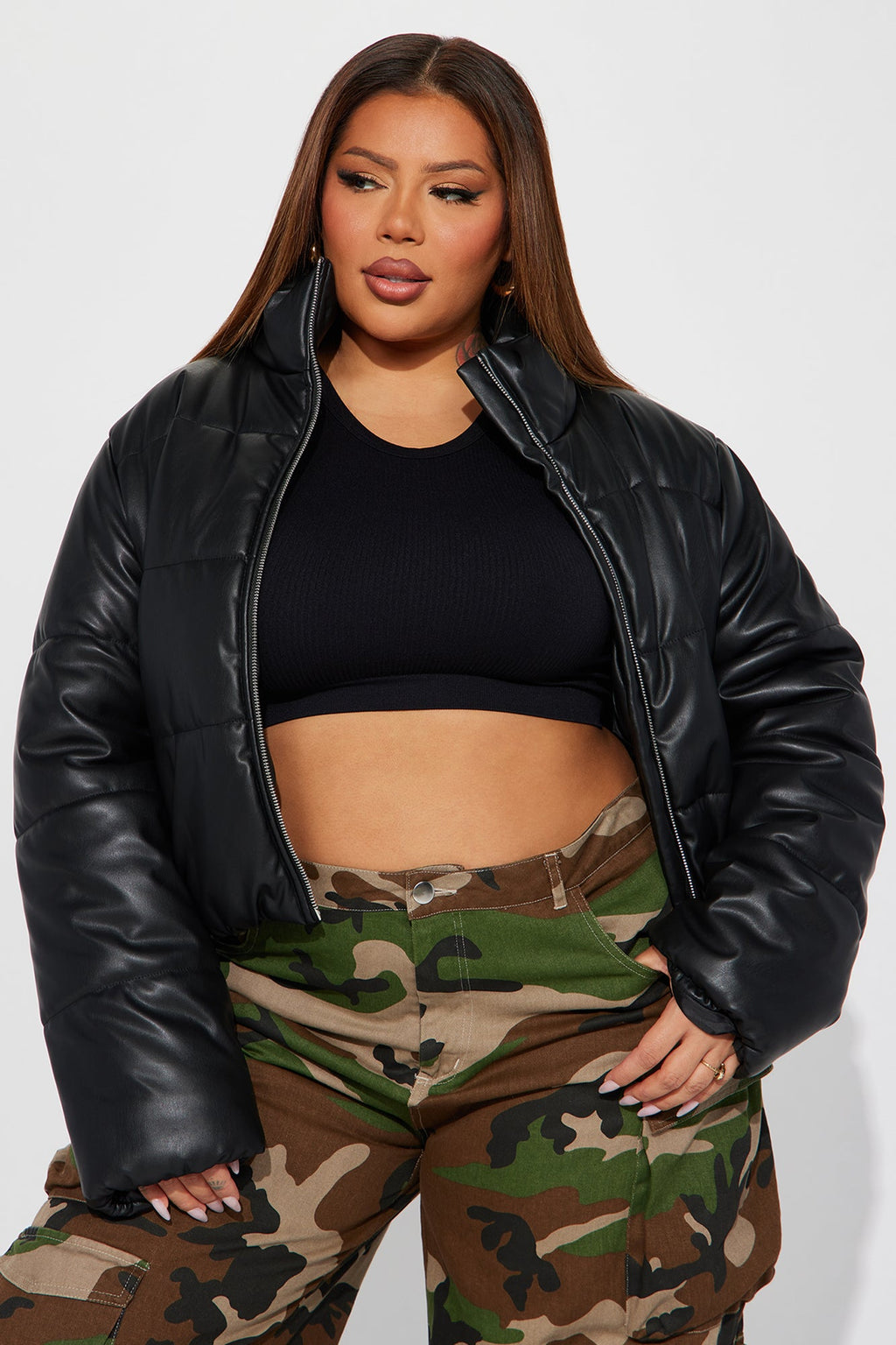 Vixen Faux Leather Puffer Jacket - Black