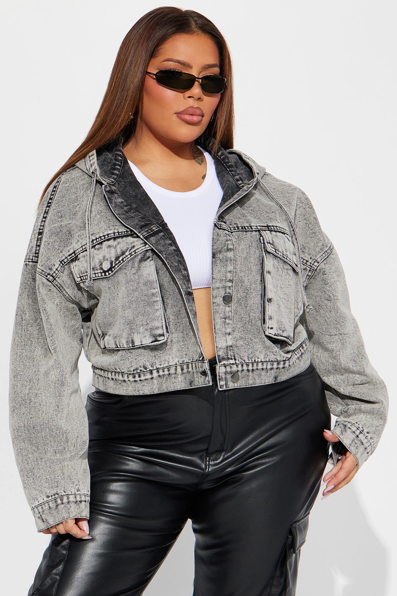 No Explanation Hooded Denim Jacket - Acid Wash Grey