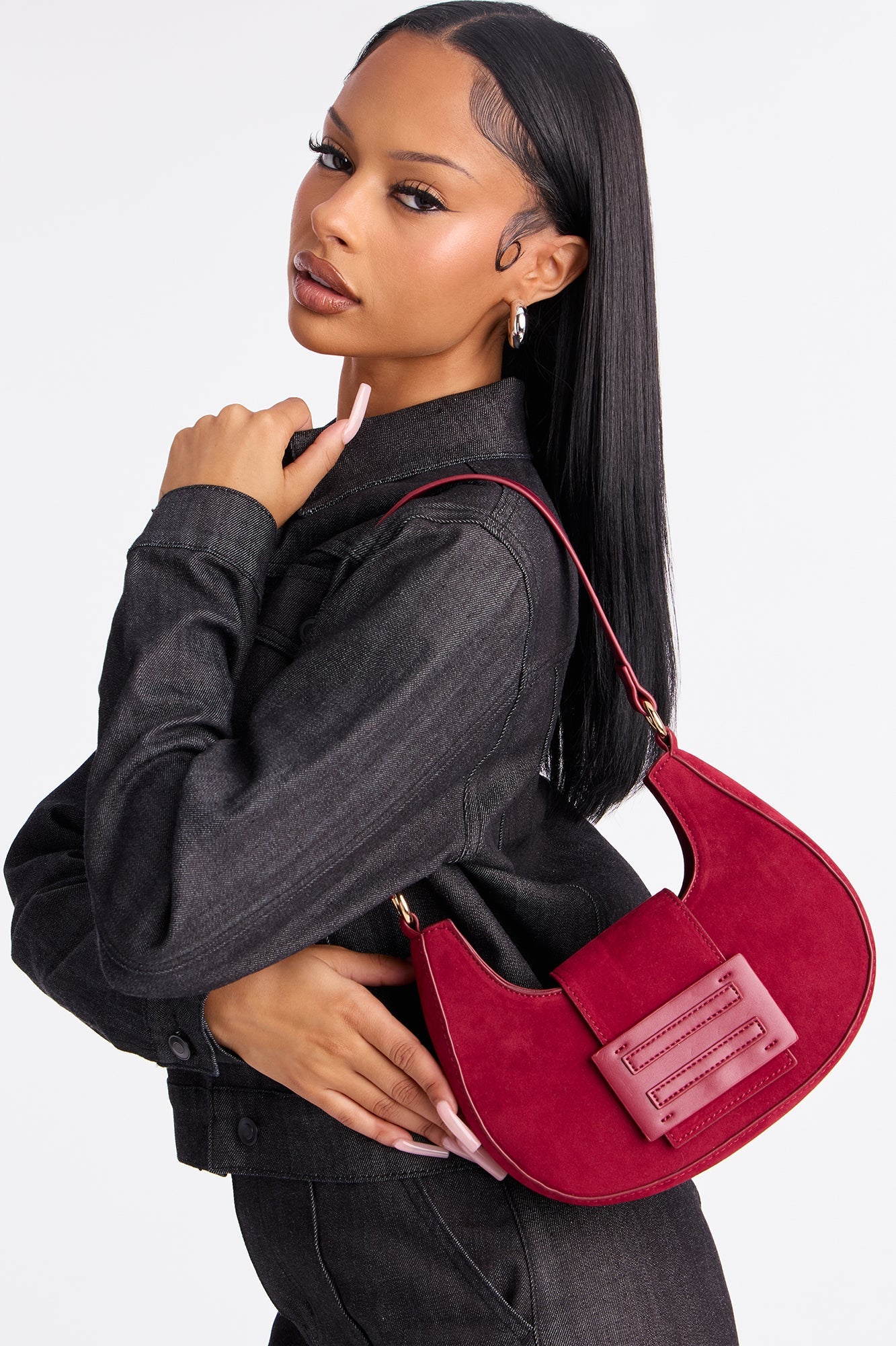 New Priorities Faux Suede Shoulder Bag - Burgundy