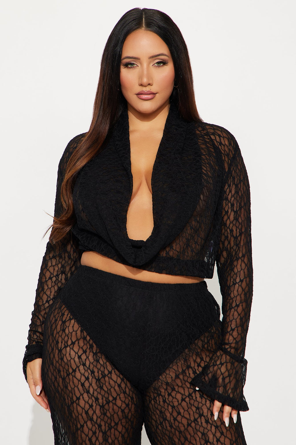 Hot Intentions Cowl Neck Lace Pant Set - Black
