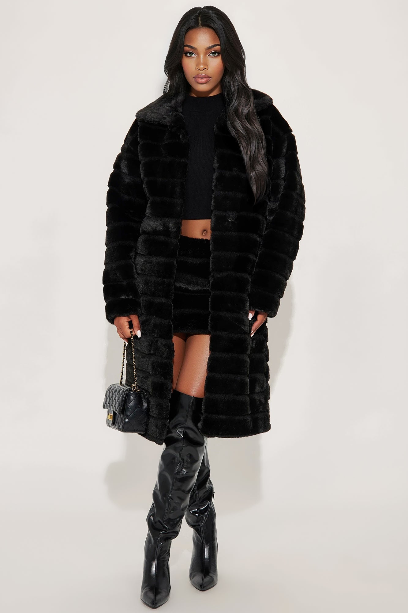 Paloma Faux Fur Trench Coat - Black