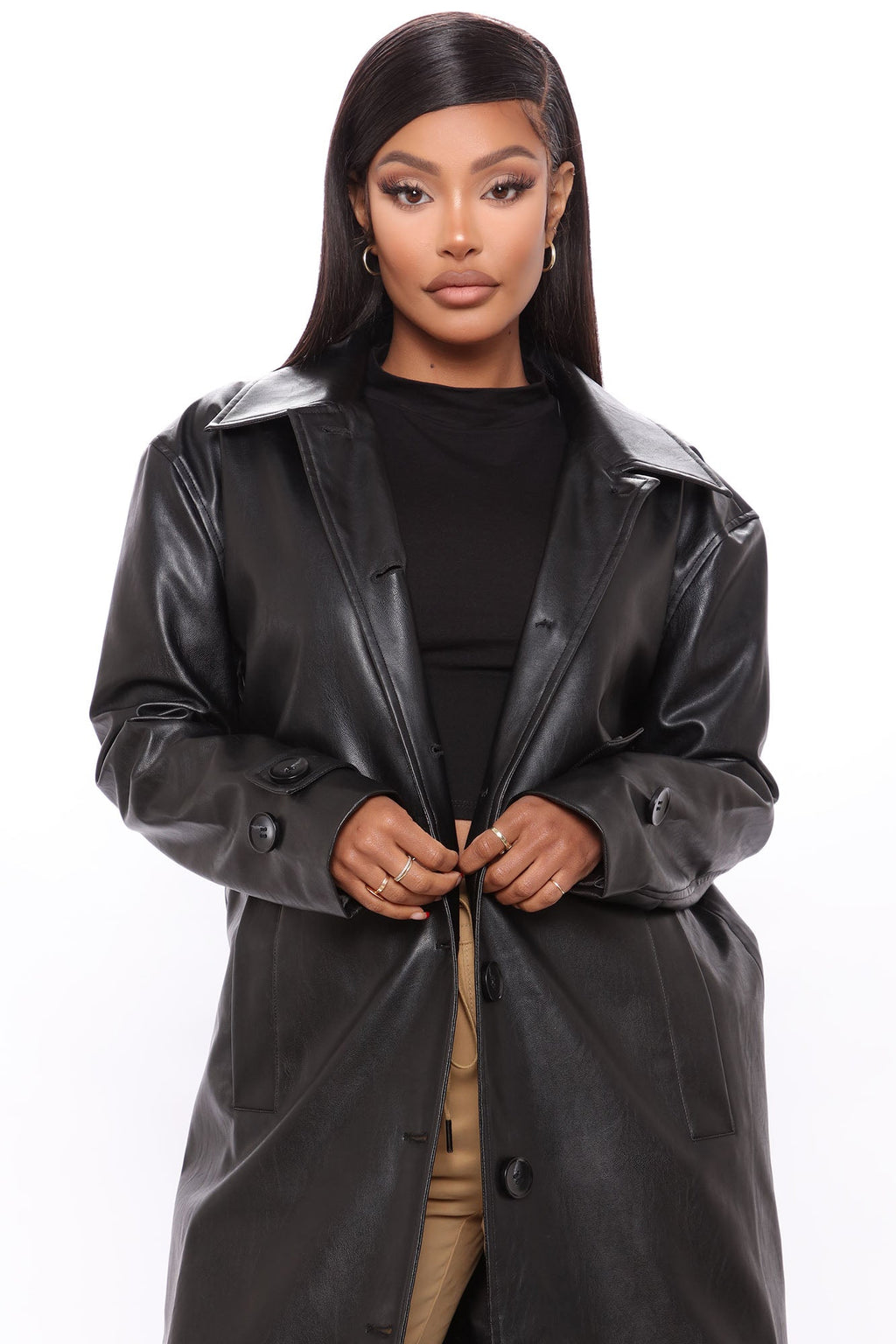 Gimme A Clue Faux Leather Trench Coat - Black