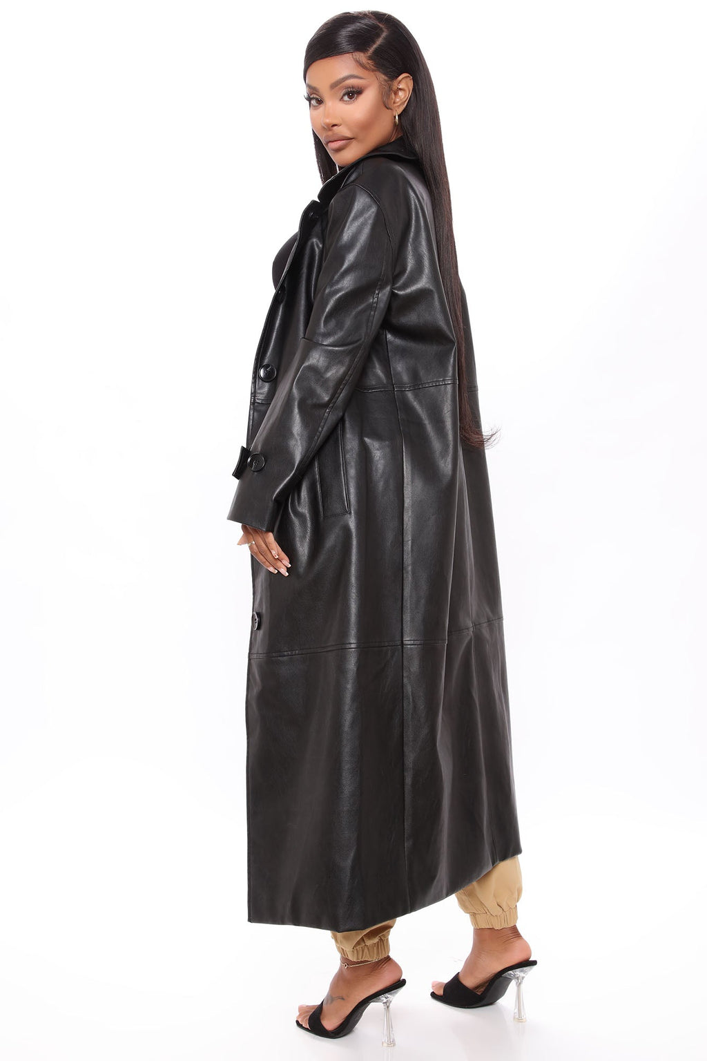 Gimme A Clue Faux Leather Trench Coat - Black