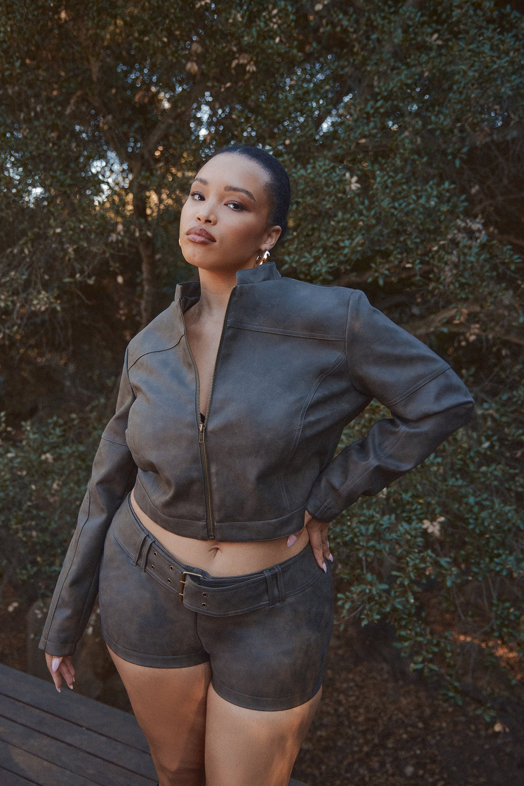 Simone Washed Faux Leather Jacket - Olive