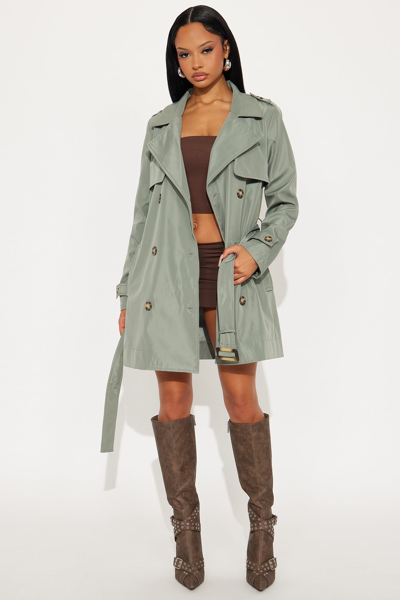 Avery Belted Nylon Trench Coat - Sage