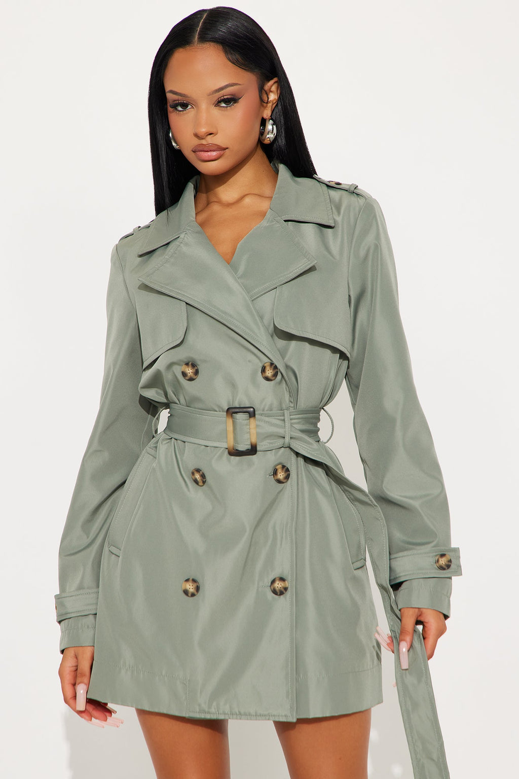 Avery Belted Nylon Trench Coat - Sage