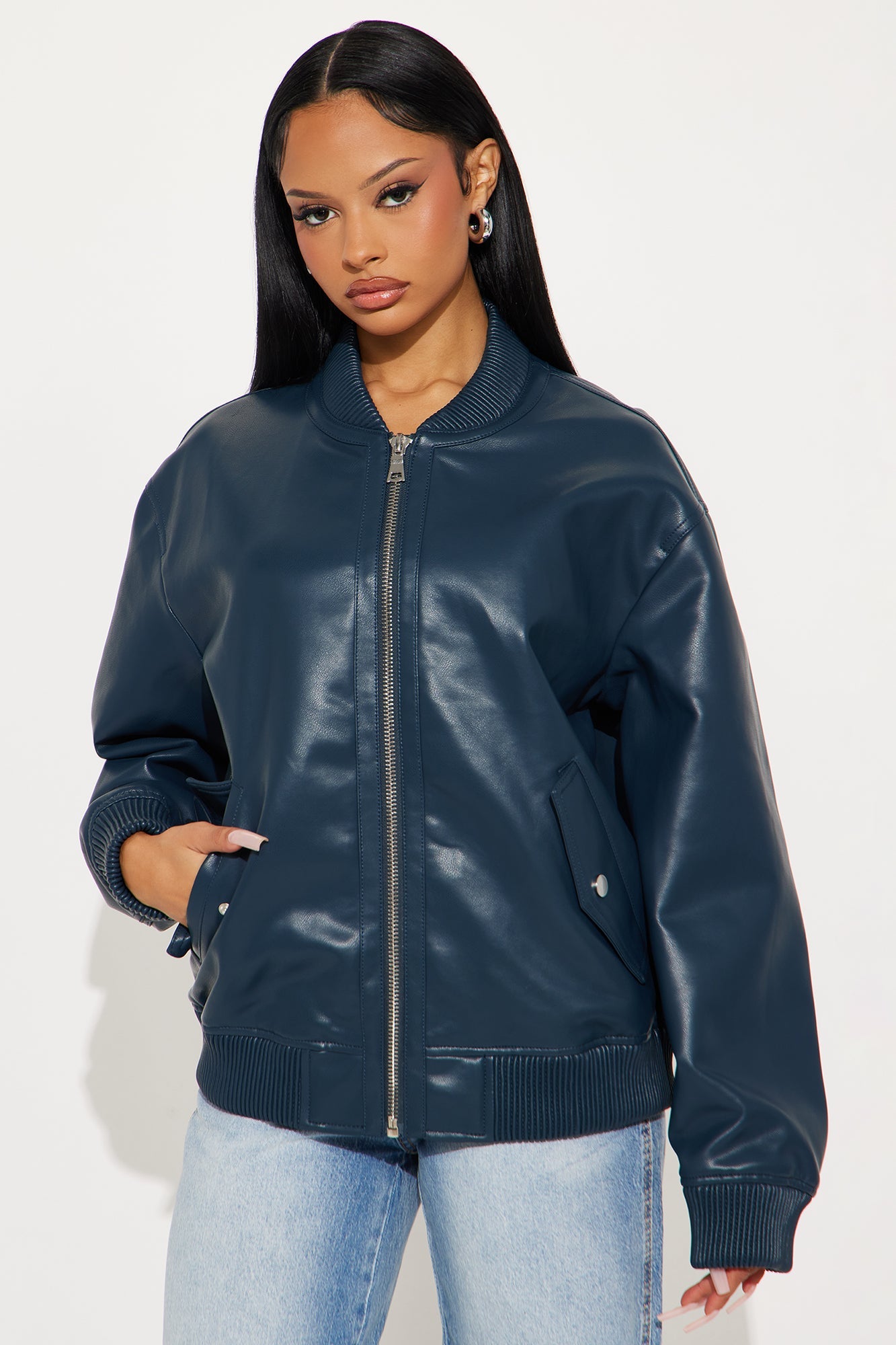 Gabrielle Faux Leather Bomber Jacket - Teal