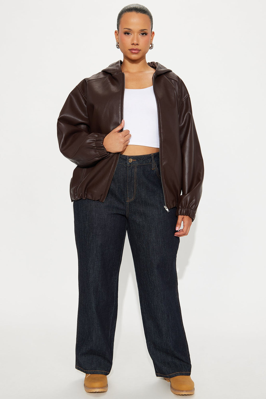 The Hottest Topic Faux Leather Oversized Bomber Jacket - Dark Brown