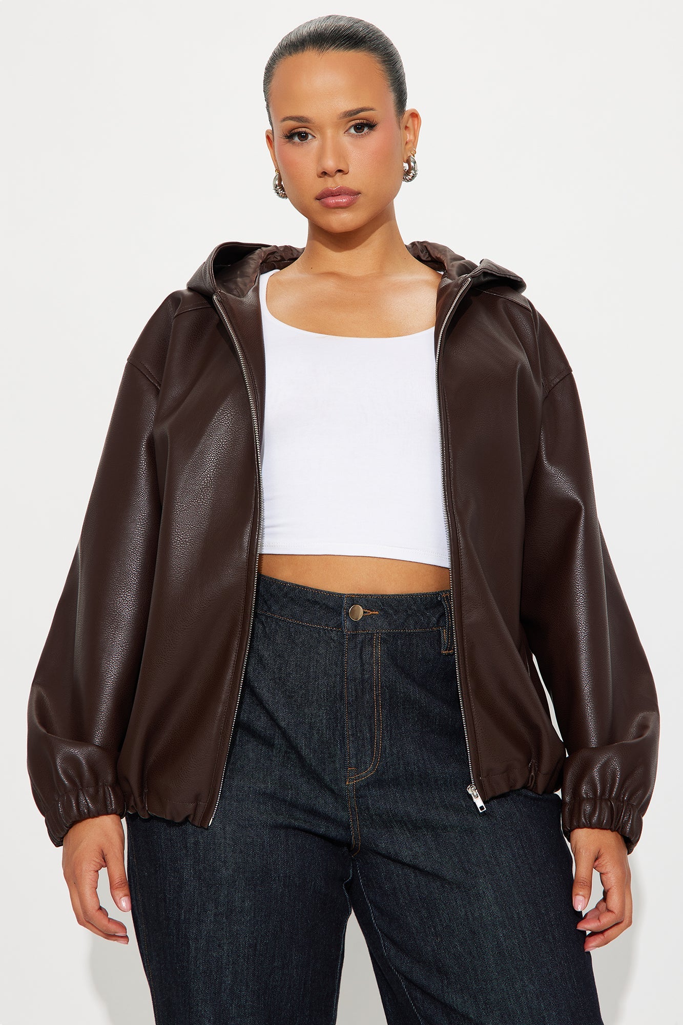 The Hottest Topic Faux Leather Oversized Bomber Jacket - Dark Brown