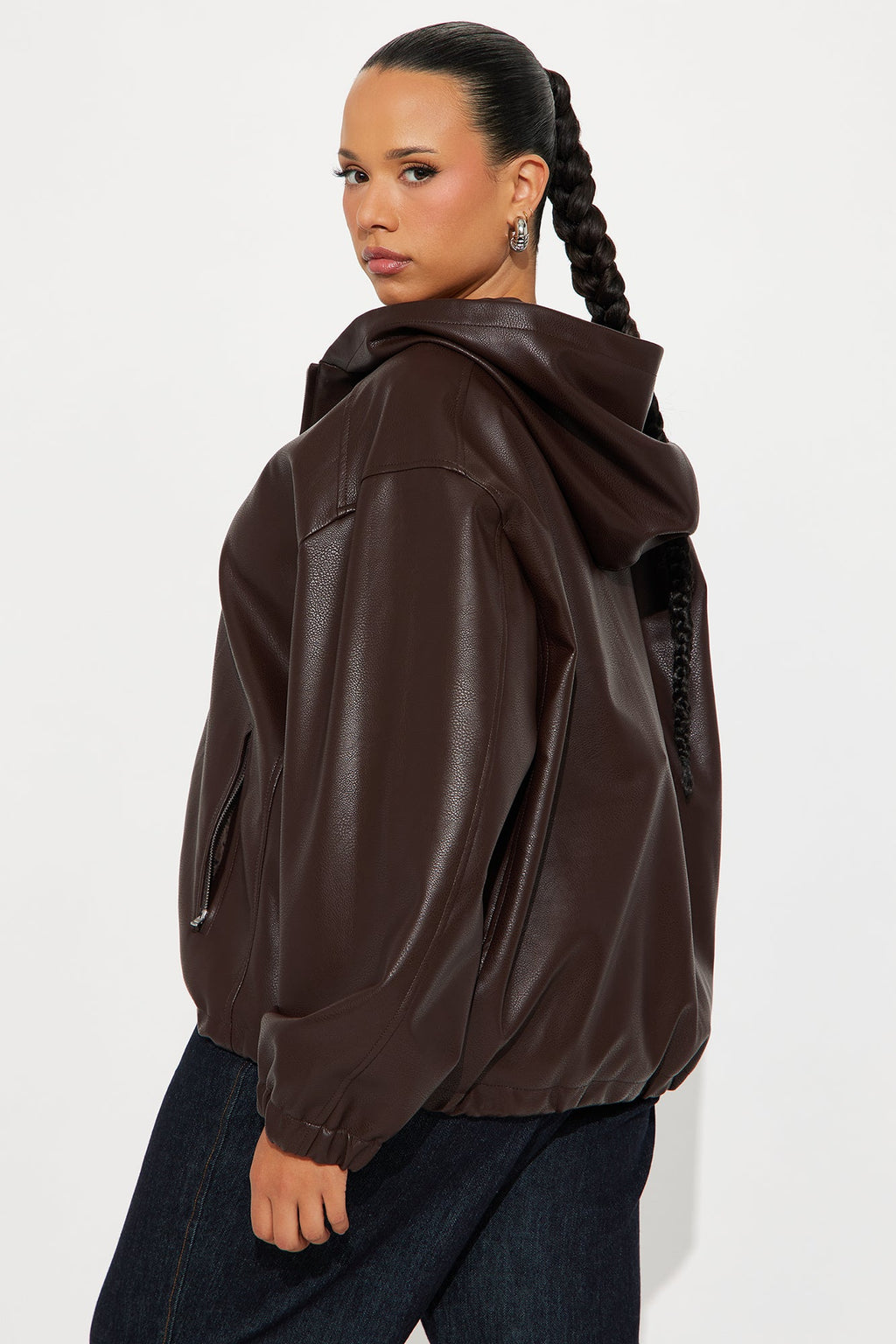 The Hottest Topic Faux Leather Oversized Bomber Jacket - Dark Brown