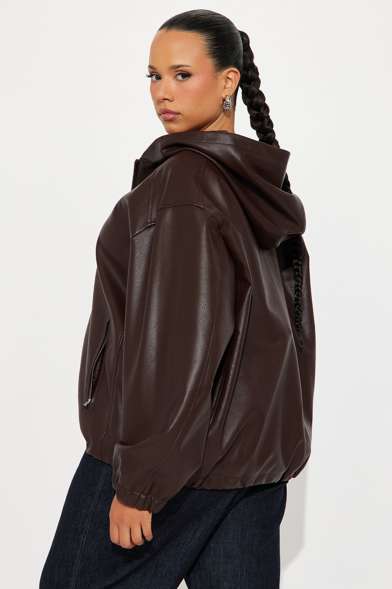 The Hottest Topic Faux Leather Oversized Bomber Jacket - Dark Brown
