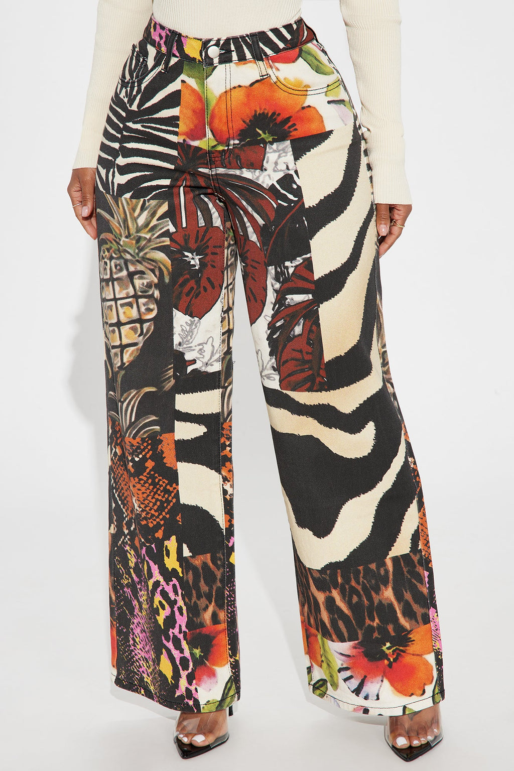 Petite Miami Mood Printed Baggy Jeans - Brown/combo