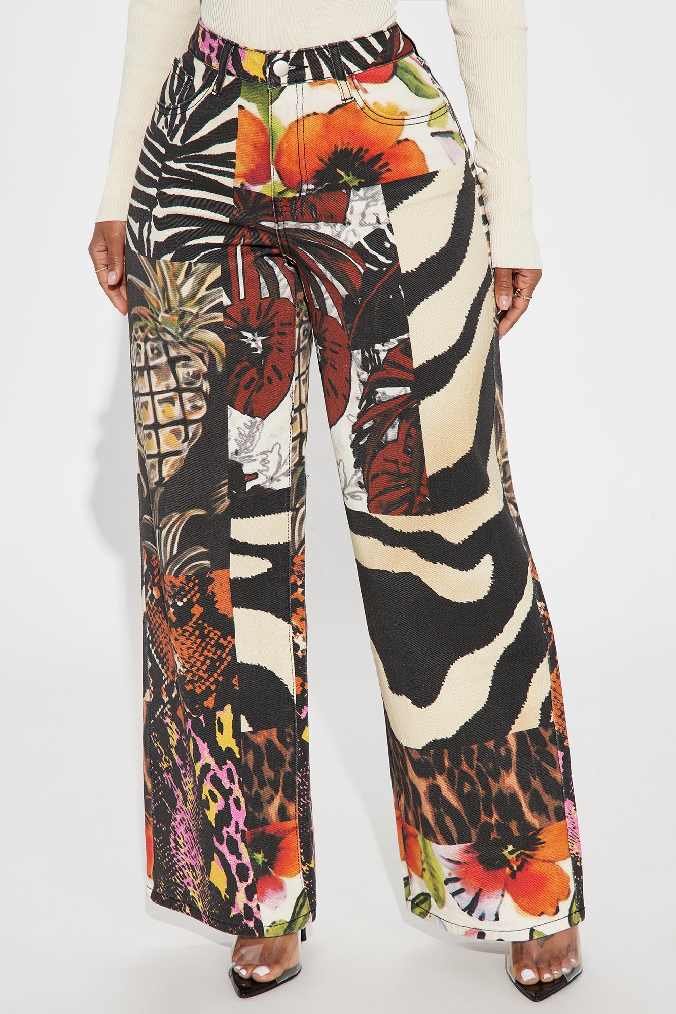 Petite Miami Mood Printed Baggy Jeans - Brown/combo