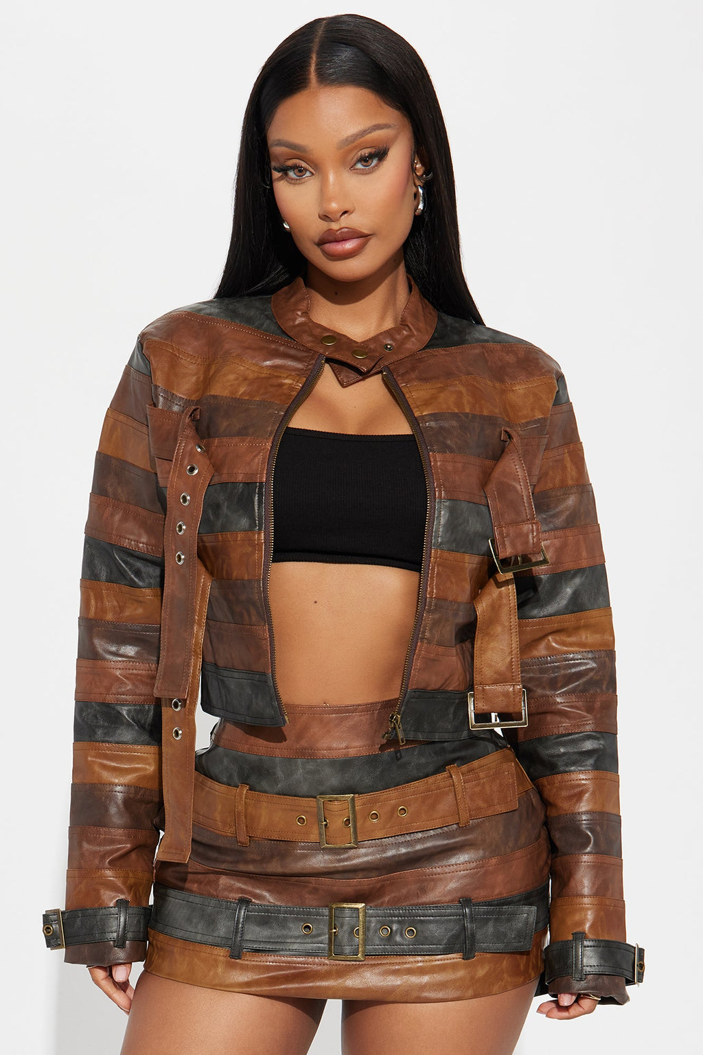 Kira Washed Faux Leather Jacket - Brown/combo