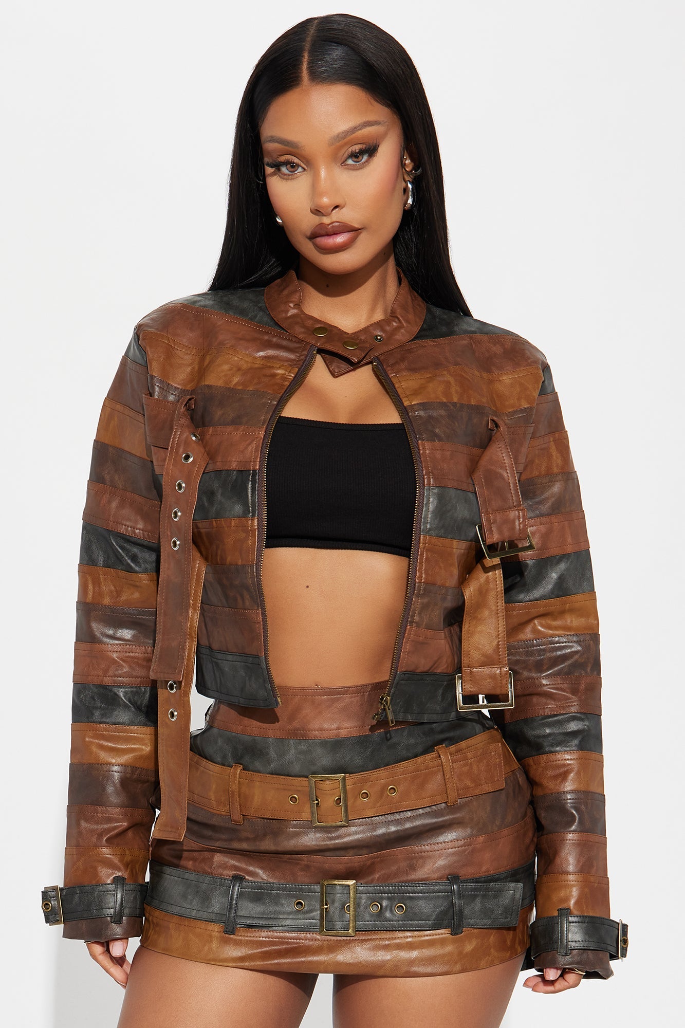 Kira Washed Faux Leather Jacket - Brown/combo