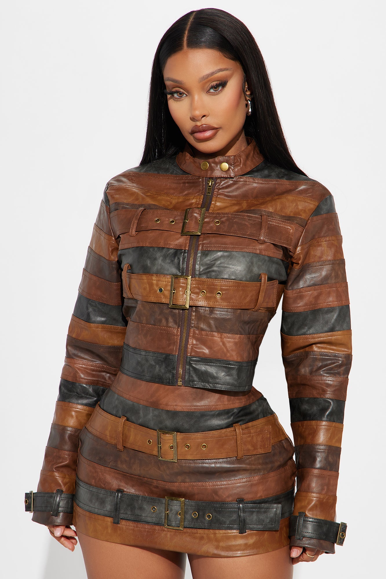 Kira Washed Faux Leather Jacket - Brown/combo