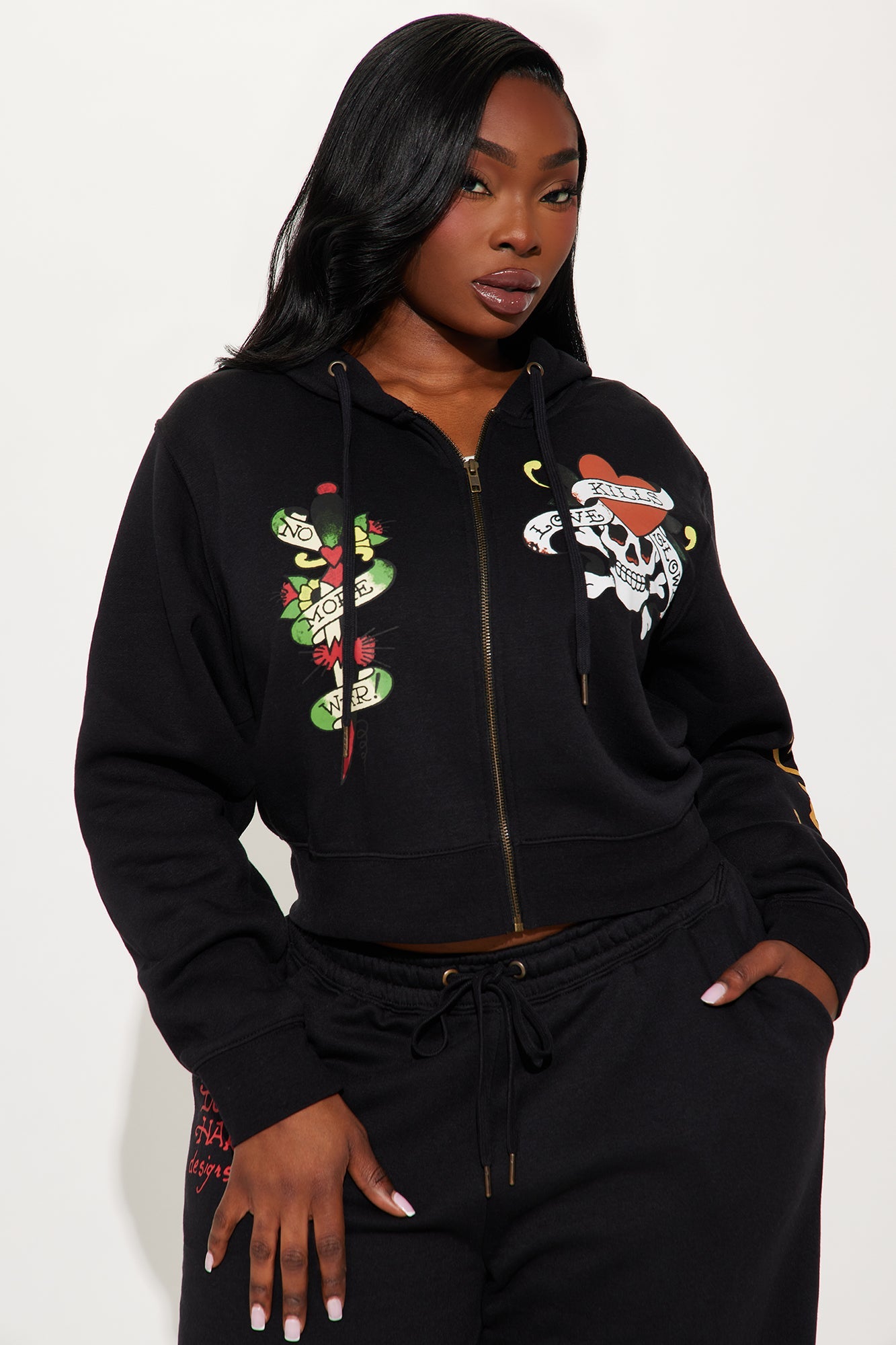 Love Kills Ed Hardy Zip Front Hoodie - Black