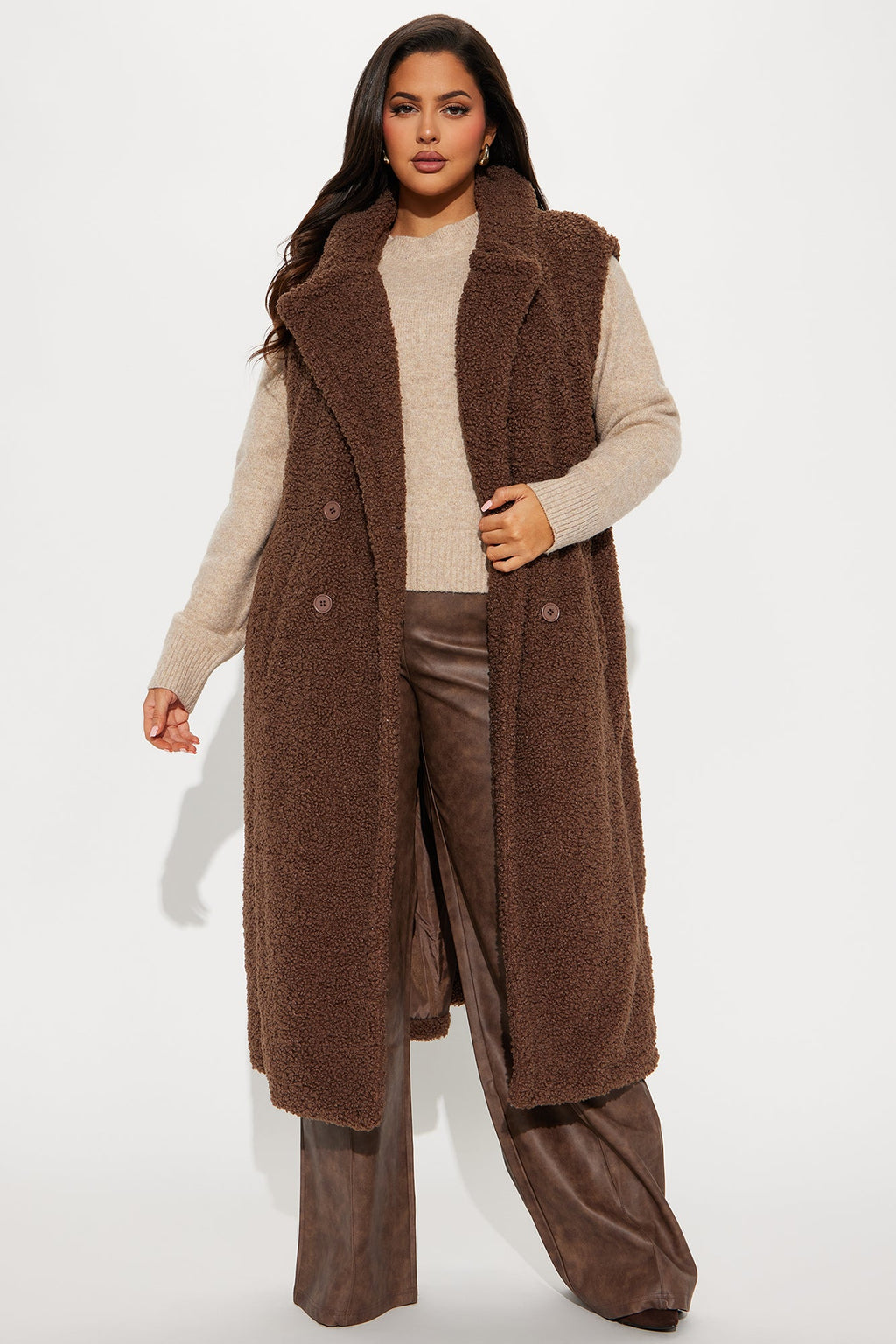 Like A Teddy Sherpa Long Vest - Chocolate