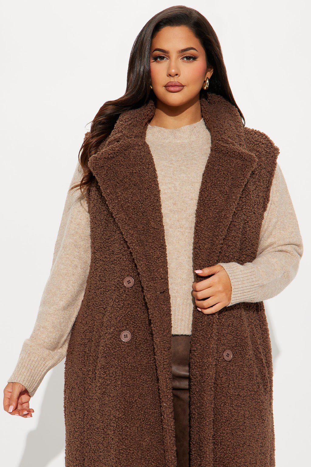 Like A Teddy Sherpa Long Vest - Chocolate